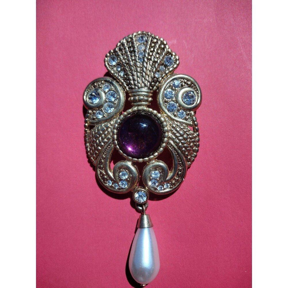 Vintage Signed Jeff Lieb 1980s Brooch Pearl Drop Purple Cabochon Gold Tone Glam